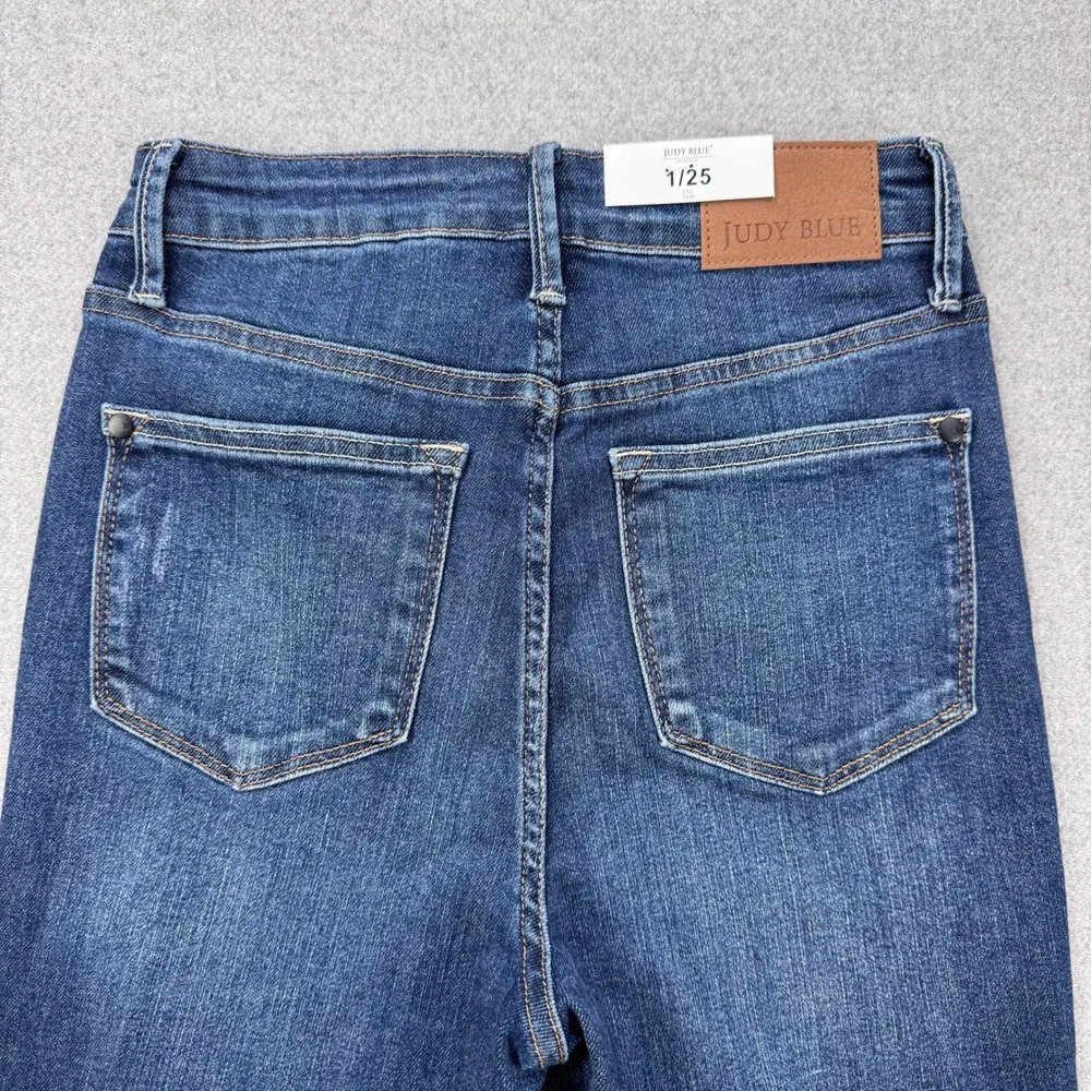 Judy Blue High Rise Control Top Distressed Flare Jeans Womens 1/25 Dark Blue NWT